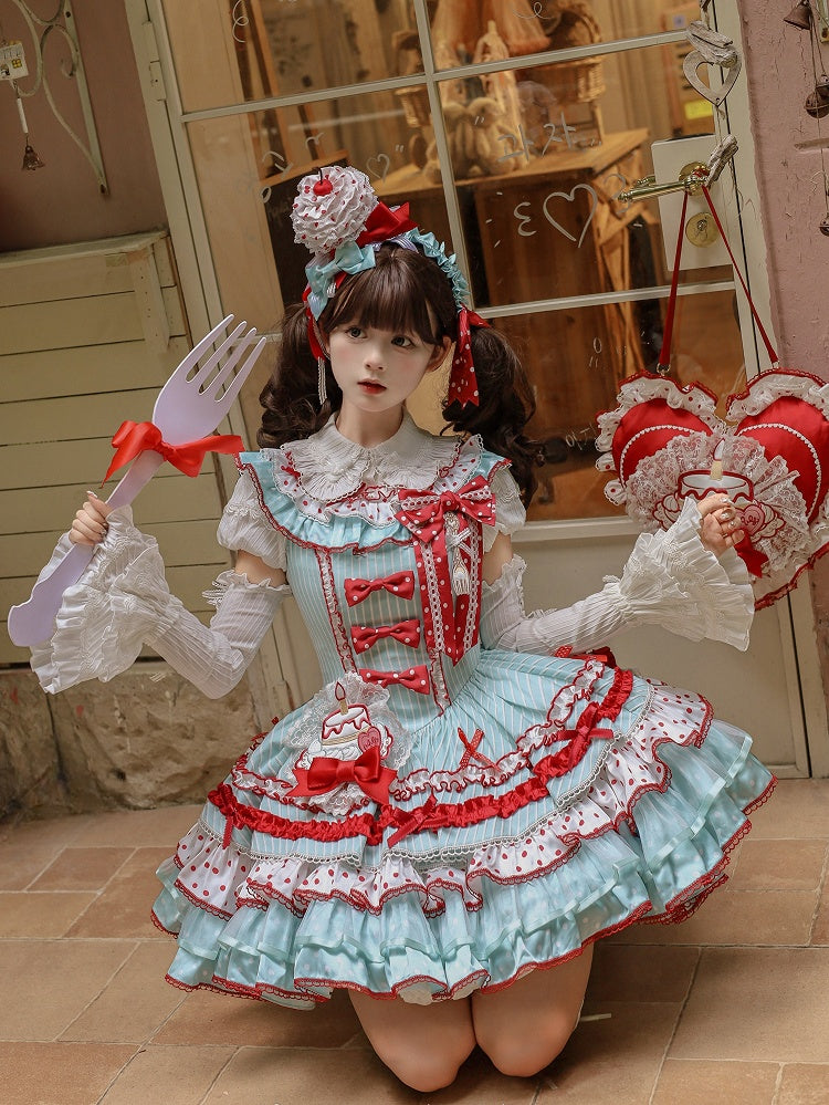 Red and Skirt Green Sweet Polka with Accents Bow Tiered Dots Stripes Dress Lolita