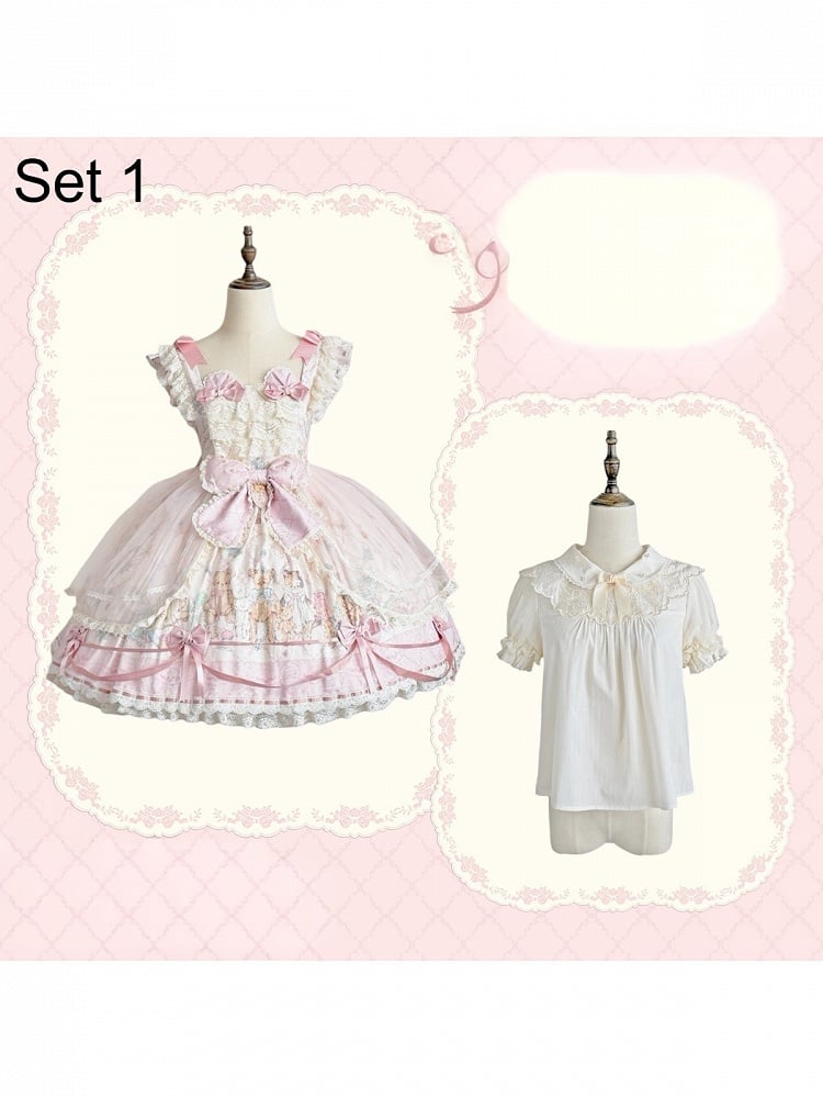 Sweet Lolita JSK Dress Set with Kawaii Bear Ears, Open Back Hem and Floral Print - Treasure House