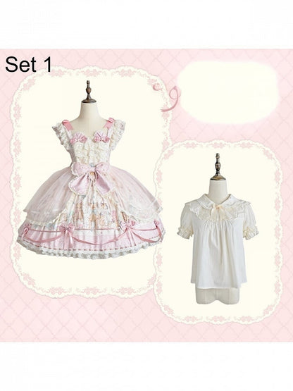 Sweet Lolita JSK Dress Set with Kawaii Bear Ears, Open Back Hem and Floral Print - Treasure House