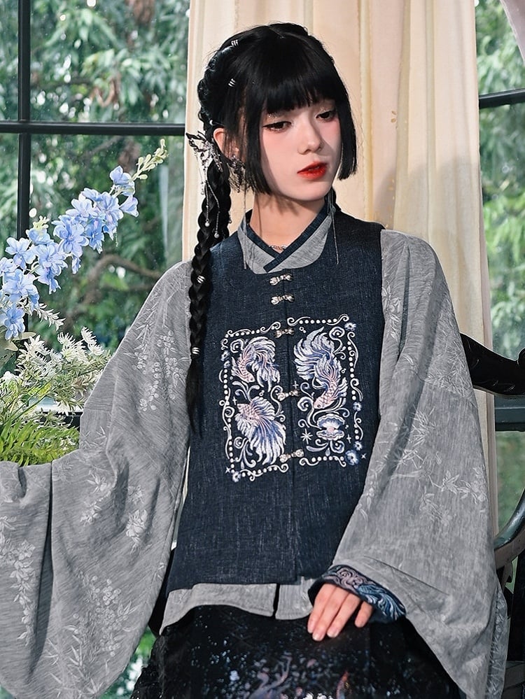 Chinese Vest Neck - Buttons Style Square Beaded Goldfish Navy Embroidery with Blue