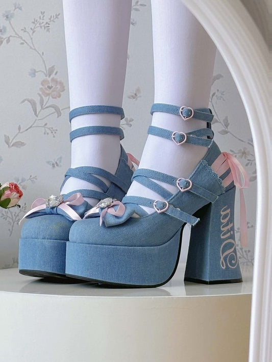 Heels Bow Platform Lolita - Design Crisscross Block Blue bei High Top Sweet
