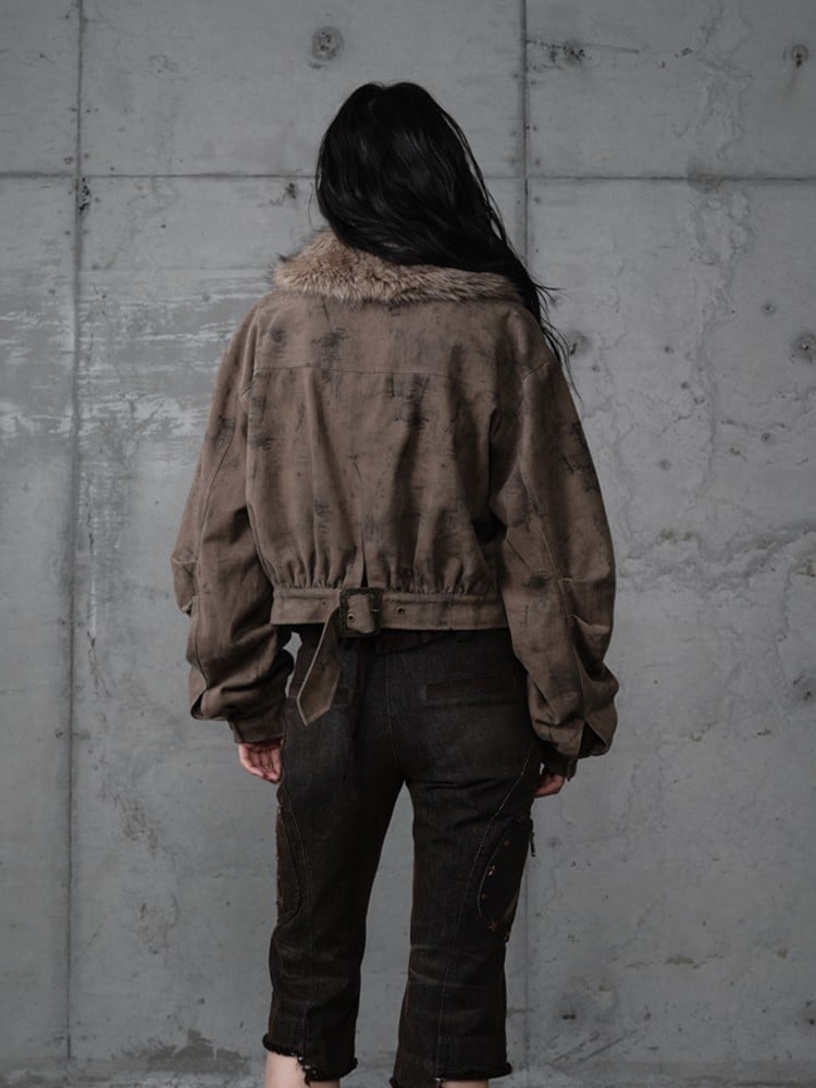 Coffee Pockets Detachable Studded Punk 3D Suede Collar Jacket Fur with Zipped Faux