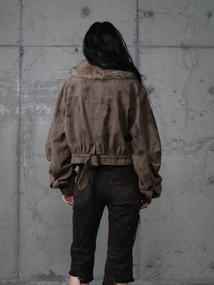 Coffee Pockets Detachable Studded Punk 3D Suede Collar Jacket Fur with Zipped Faux