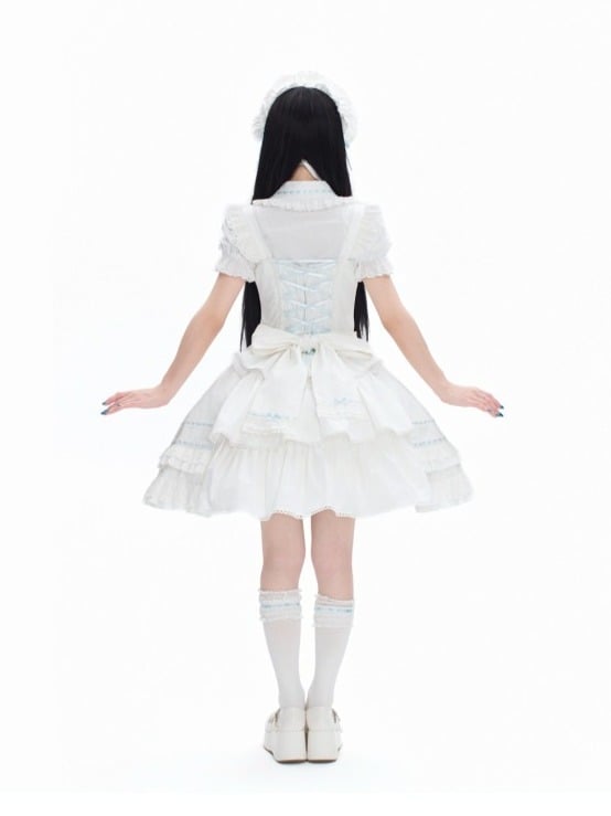 Blue-White Kawaii Cotton JSK Gown with Ribbon and Ruffle Embellishments