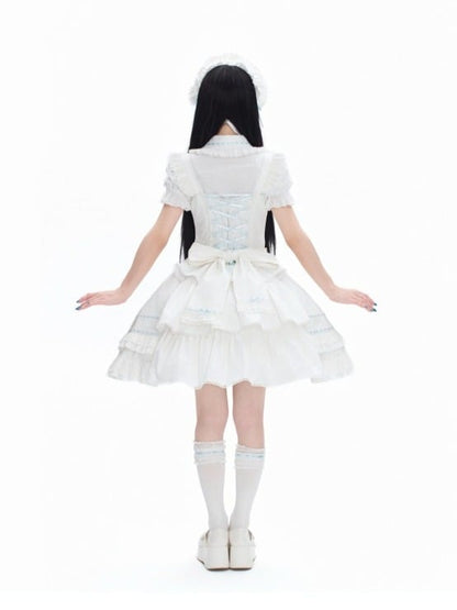Blue-White Kawaii Cotton JSK Gown with Ribbon and Ruffle Embellishments