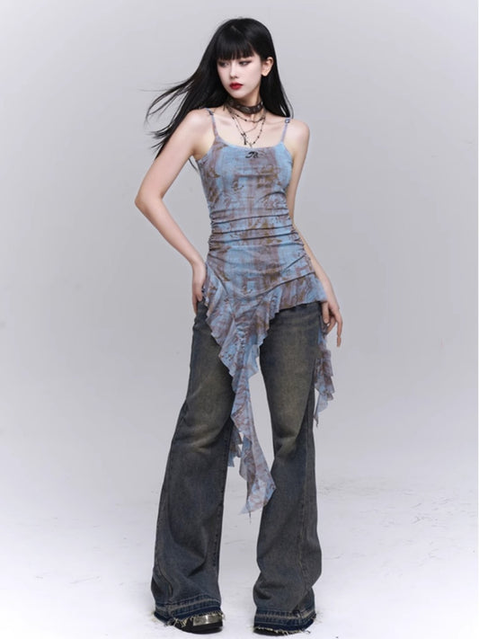 Hellblaues, asymmetrisches, glamouröses Cami-Top mit Volantsaum und gerüschter Taille