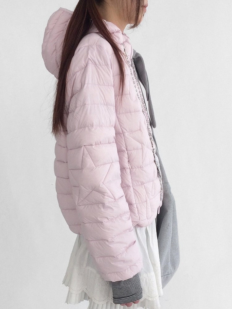 with Star Pink Hoodie Kawaii Front in Daily Pattern Closure Zipper Teardrop Jacket