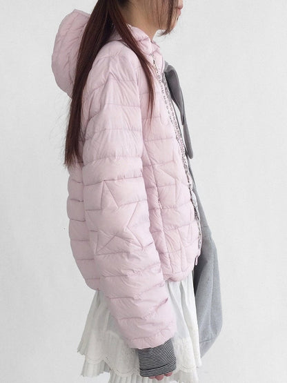 with Star Pink Hoodie Kawaii Front in Daily Pattern Closure Zipper Teardrop Jacket