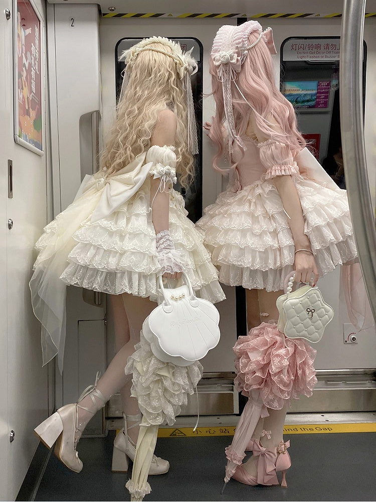 Neckholder-Kleid in Beige mit Lolita-Ausschnitt und Balletcore-Prinzessin Sweetheart