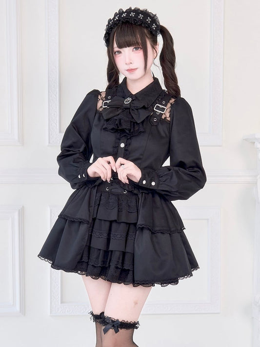 Straps Blouse Black Decorative Neckline and Buckle Illusion Jirai Kei Brooch with Bow