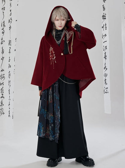 赤い新年の衣装の詳細 ユニセックスフード付きケープコート