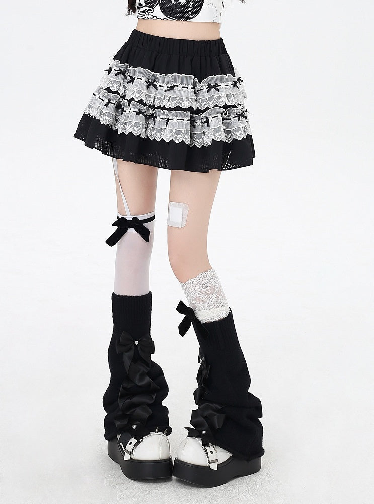 Tiered Skirt Trim Bow Details Black and White Lace