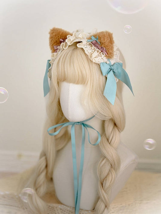 Brown Plush Kitty Ears Green Bowknots Hairband