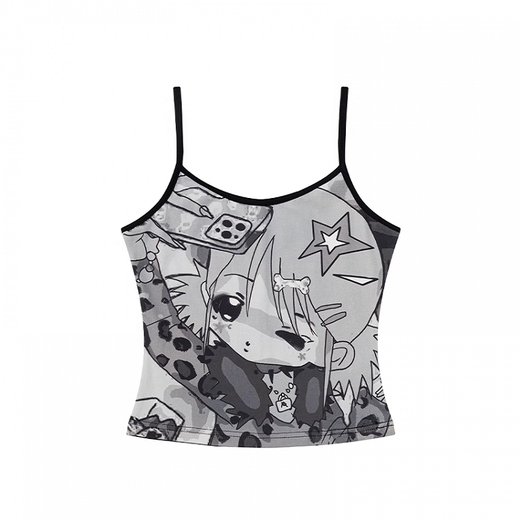 Schwarzes Cami-Top mit Rundhalsausschnitt und Cartoon-Print im Y2K-Stil