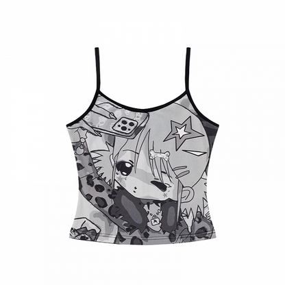 Schwarzes Cami-Top mit Rundhalsausschnitt und Cartoon-Print im Y2K-Stil