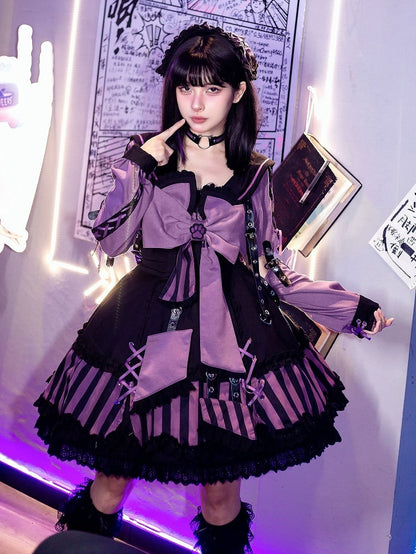 Kitty Gothic Striped + JSK Top Bow and Dress Pattern Ears Black Sailor Collar Lolita Big Purple Cropped