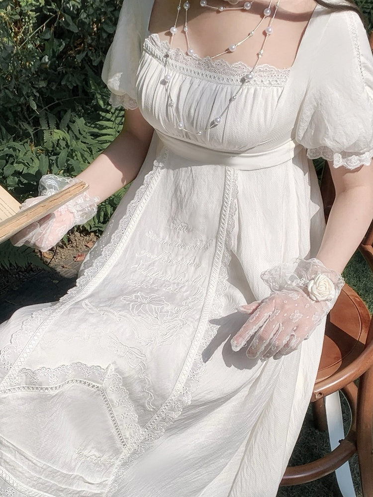White Lace Classic Lolita Gloves with Beads Roses - Every Page of Poetry