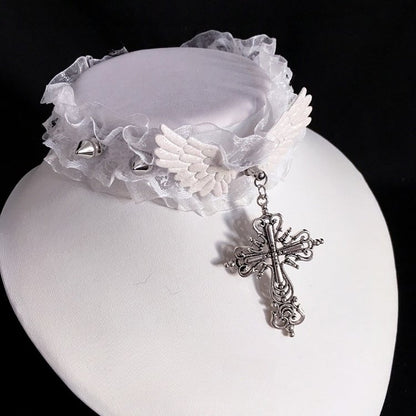 Cross Studs and Choker Pendant Gothic Black/White with Lace Ruffled