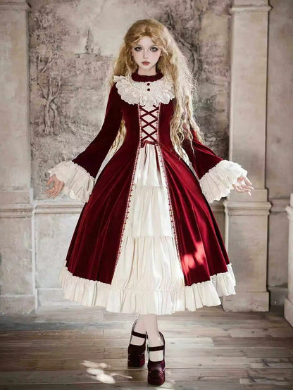 Eyelet Red Winter Beige with Scalloped Velvet Dress Trims Ruffle Neckline Lolita