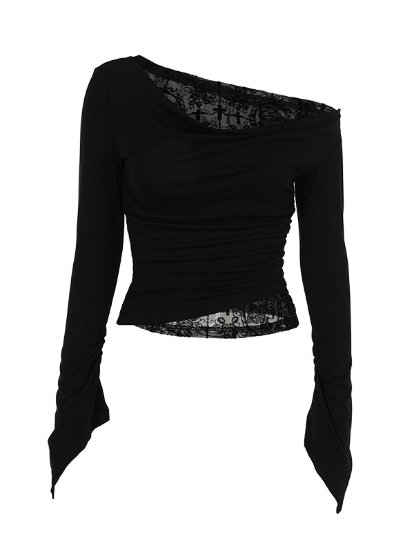 Black Halloween Embroidery Asymmetrical Cross Top Neck Long with Sleeve Gothic