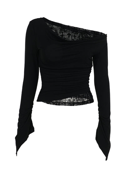 Black Halloween Embroidery Asymmetrical Cross Top Neck Long with Sleeve Gothic