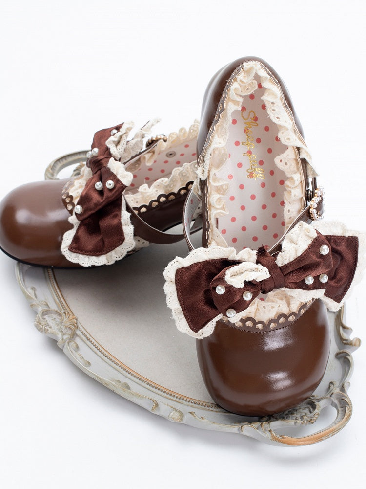 Brown Beaded Lolita Leather in Bow Trim Mid-heel Janes Heart Lace with Beads Mary Buckle Decorated PU