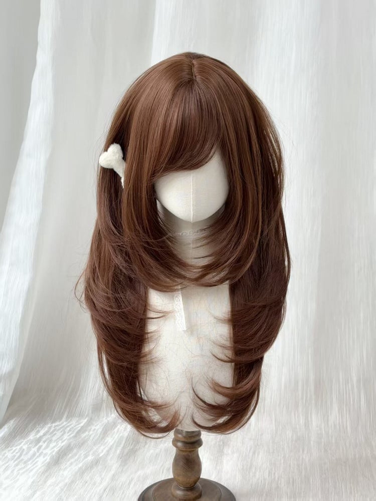 Chocolate Brown Long Straight Wig with Side-swept Bangs - Sleepy Fish