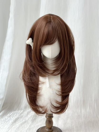 Chocolate Brown Long Straight Wig with Side-swept Bangs - Sleepy Fish