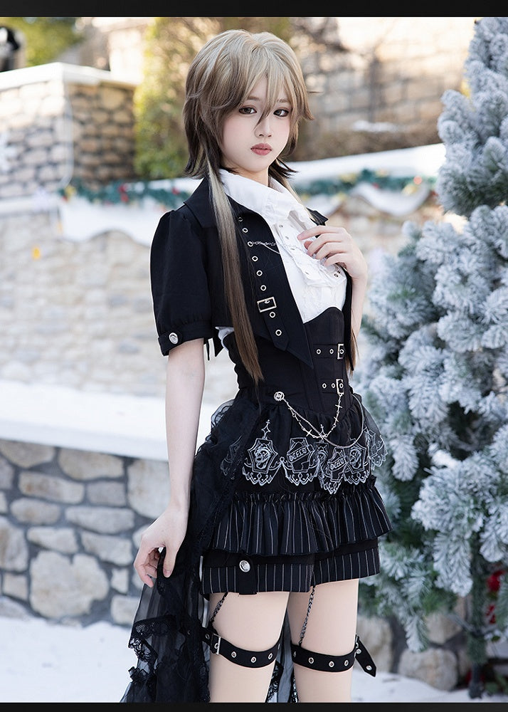 Black and White Prince Ouji Lolita Outfit - White Sleeveless Shirt + Black Cropped Top + Hiigh Waist Blommer Shorts Full Set