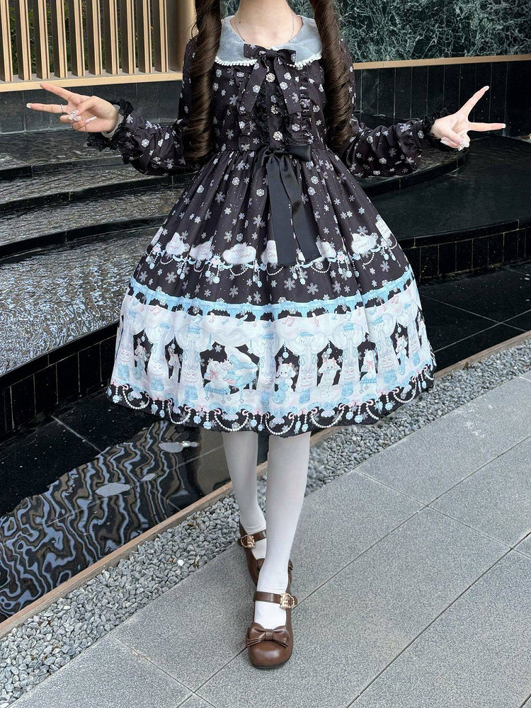 Peter Pan Collar Sweet Lolita Black Long Sleeves Dress with Bunny and Snowflake Print