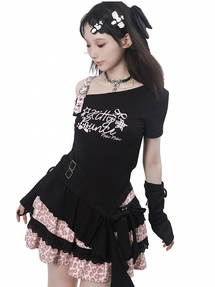 Asymmetric Black Top with Letter Print and Irregular Hem - PINK SAVIOR