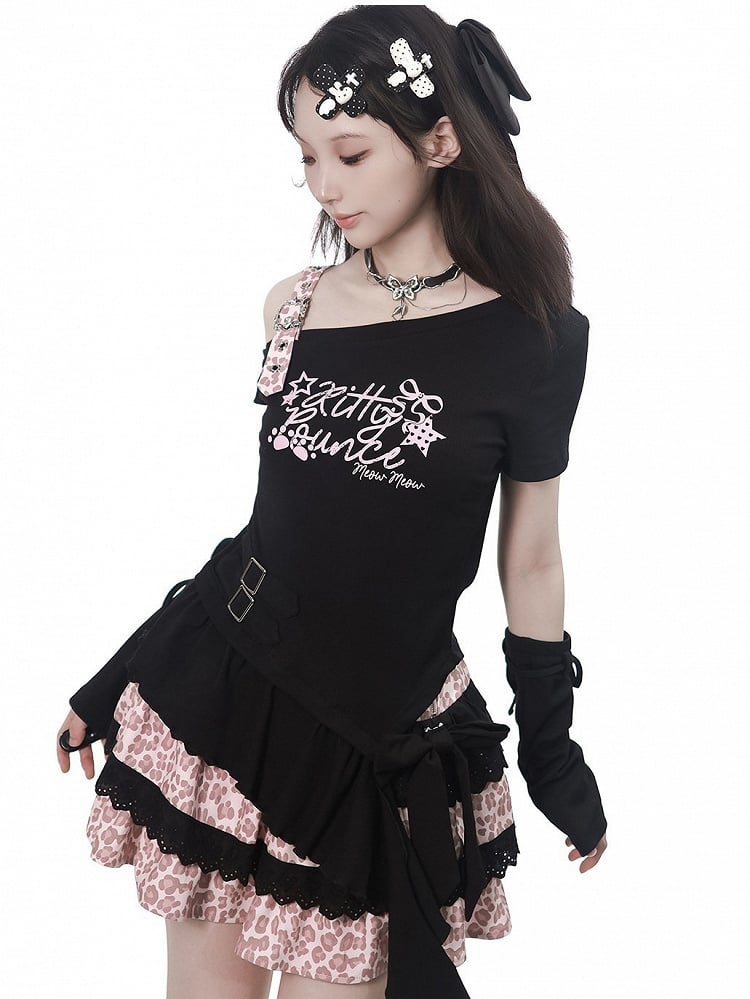 Leopard Print Tiered Skirt with Bow in Pink and Black - PINK SAVIOR