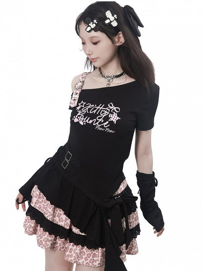 Leopard Print Tiered Skirt with Bow in Pink and Black - PINK SAVIOR