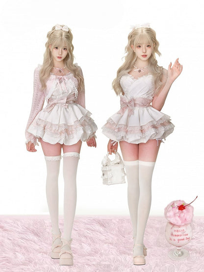 Trim Pink Lace Balloon Cardigan Sleeves Embroidery Cat Long and with