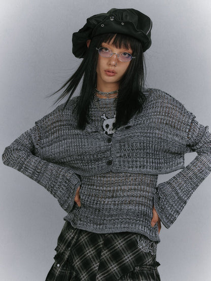 Set Y2K Gray Skeleton Distressed Tank Top with Cardigan Glamorous Holes Pattern