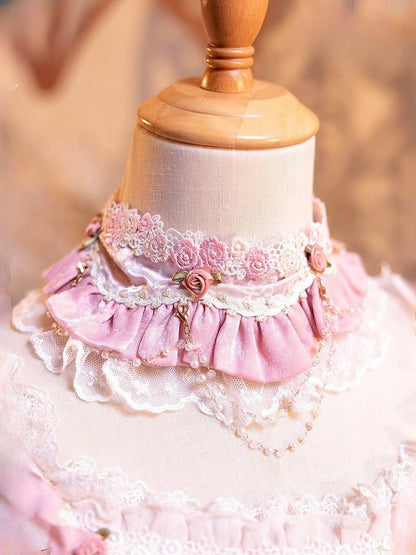 Pink/Rose with and Light Chains Choker Ruffled Accents Bead Lolita Flower Pink