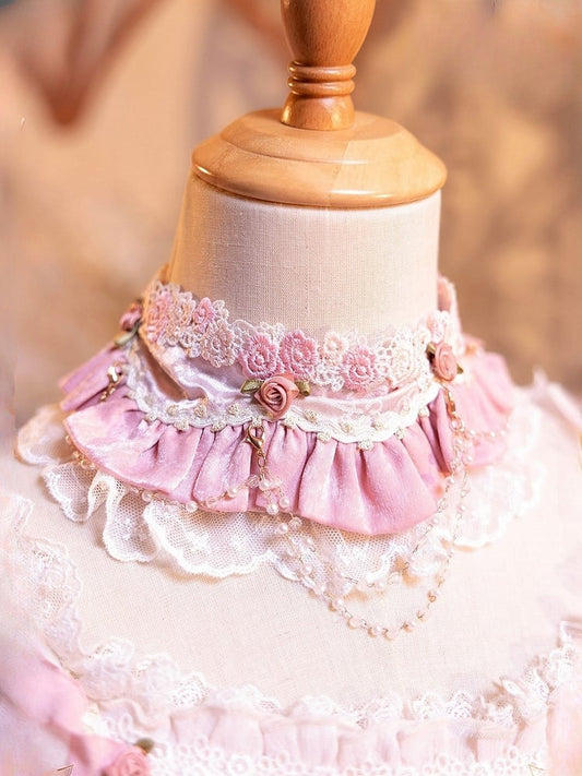 Pink/Rose with and Light Chains Choker Ruffled Accents Bead Lolita Flower Pink