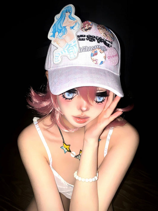 Adjustable Fashion Pink Plaid  Hat Gyaru Cap