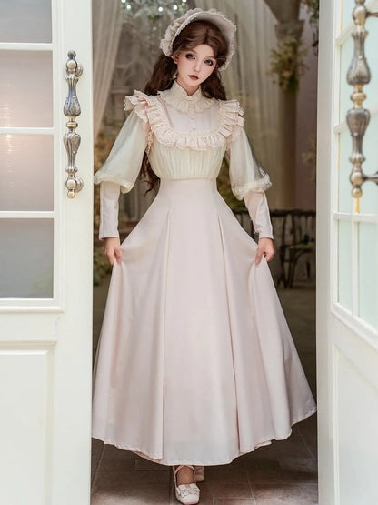 Long-Sleeve Ruffled Beige Classic Dress Elegant Waist Lolita High