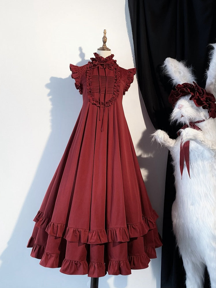 Red Gothic High Neck Ruffled Lolita Dress with Detachable Sleeves - Blossom Herald