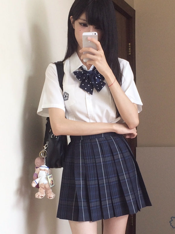 White Style Floral Uniform Shirt Short JK Pleating Details Embroidery Sleeves Preppy