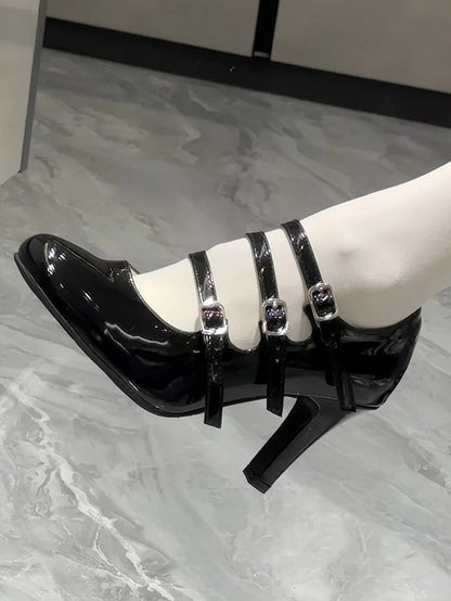 Heels Polished Lolita Black Triple Accent Classic PU High Leather Buckle in