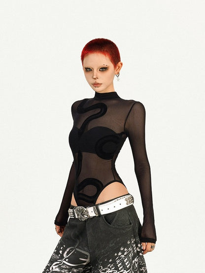 Black Punk Sheer Long Sleeve Top with Snake Pattern Decoration