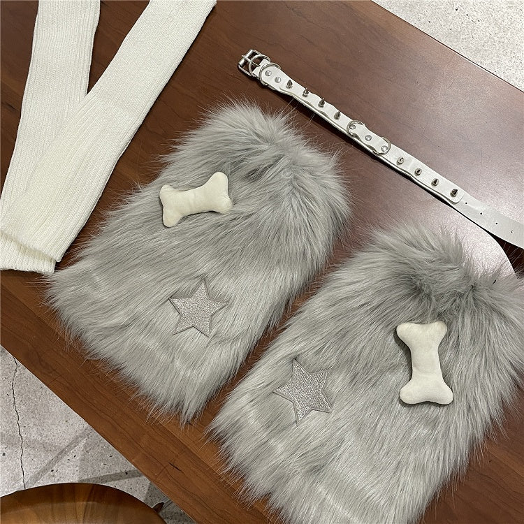 Black / Gray Bone-Shaped Decoration Faux Fur Leg Warmers + Knitted Leg Warmers + Heart Garter