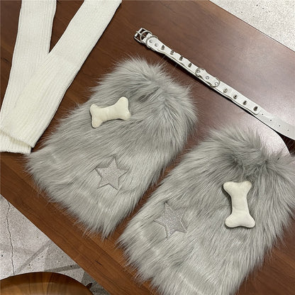 Black / Gray Bone-Shaped Decoration Faux Fur Leg Warmers + Knitted Leg Warmers + Heart Garter