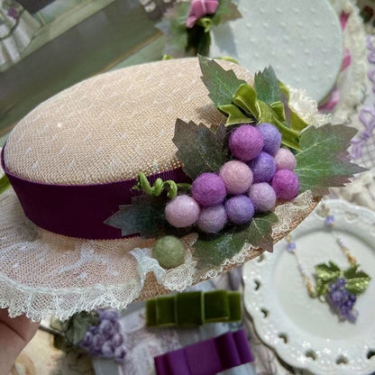 トリムグレープ ブラウン/ホワイト ミニ 蝶結び 装飾 レース ハット 詳細