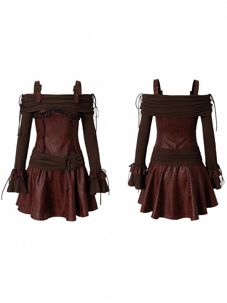Dress Sleeves Vintage PU Red Brown Punk A-Line Bell Off-Shoulder with Design Knit