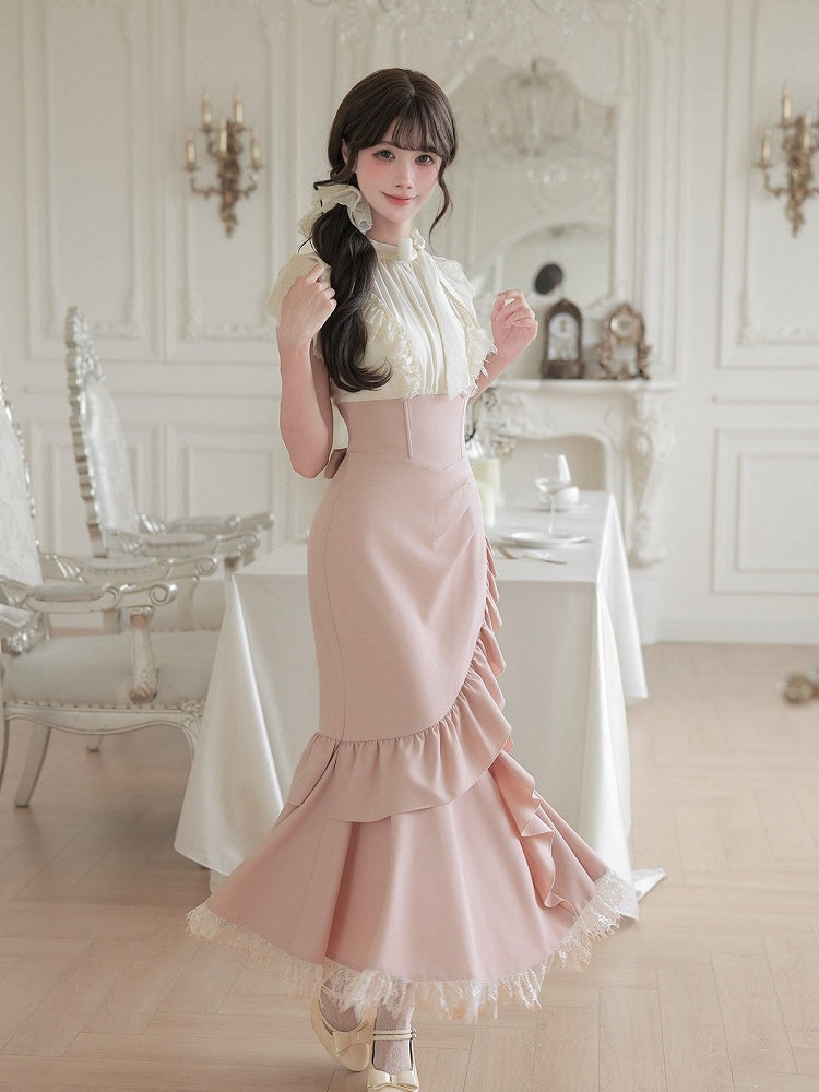 Pink-White Mermaid Two-Piece Dress with Ruffle Hem - With PUJI