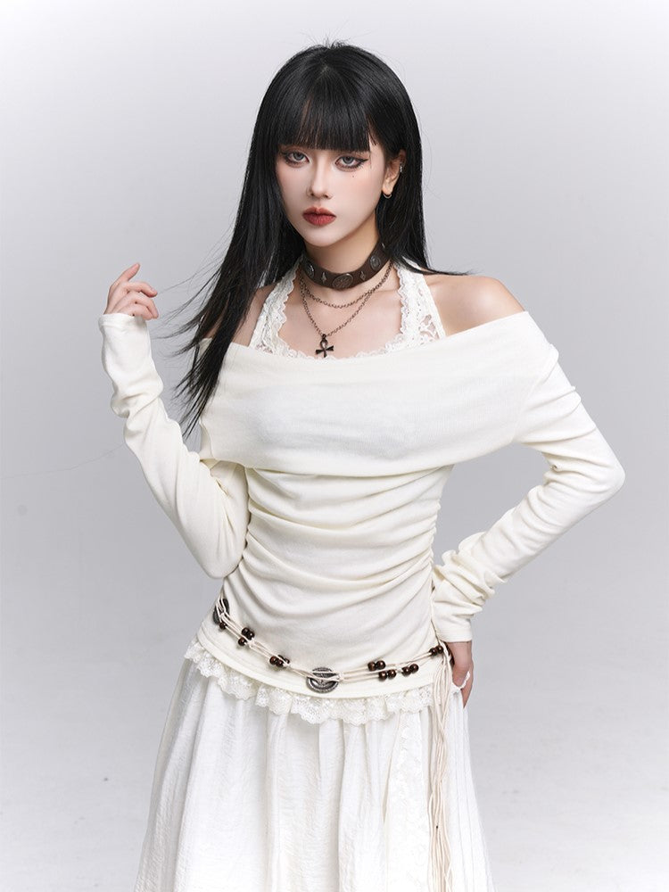 Halter Two-Piece Apricot with Lace Trim Light Faux Gothic Off-shoulder Top