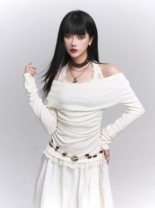 Halter Two-Piece Apricot with Lace Trim Light Faux Gothic Off-shoulder Top